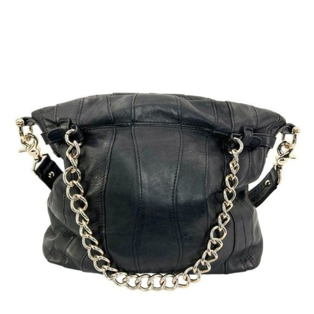 Junior Drake Black Italian Leather Gold Link Chain Slouchy Hobo Shoulder Bag - Picture 6 of 10